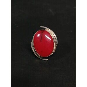 Sterling Silver 925 Red Howlite Cabochon Statement Ring Large Oval Size 5